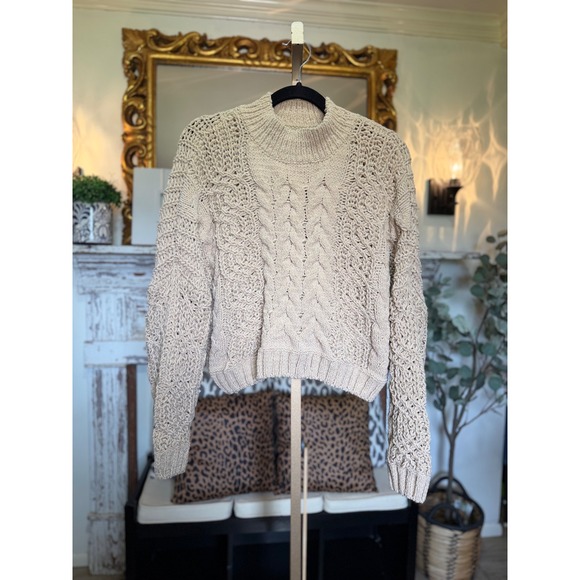 POL Other - POL BST601 Beige Cable Knit Mock Neck Cropped Sweater Mens Medium
